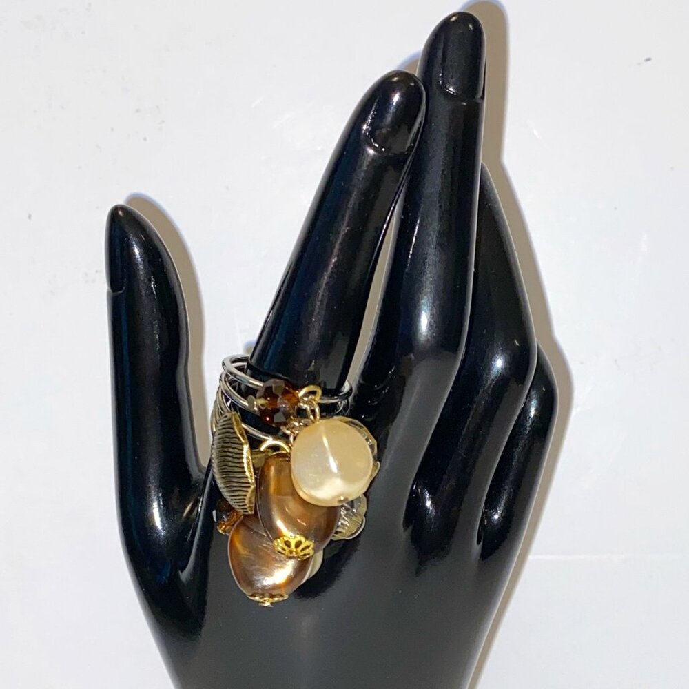 Vintage Beaded Statement Ring Golden Brown White Clear Prom Wedding
